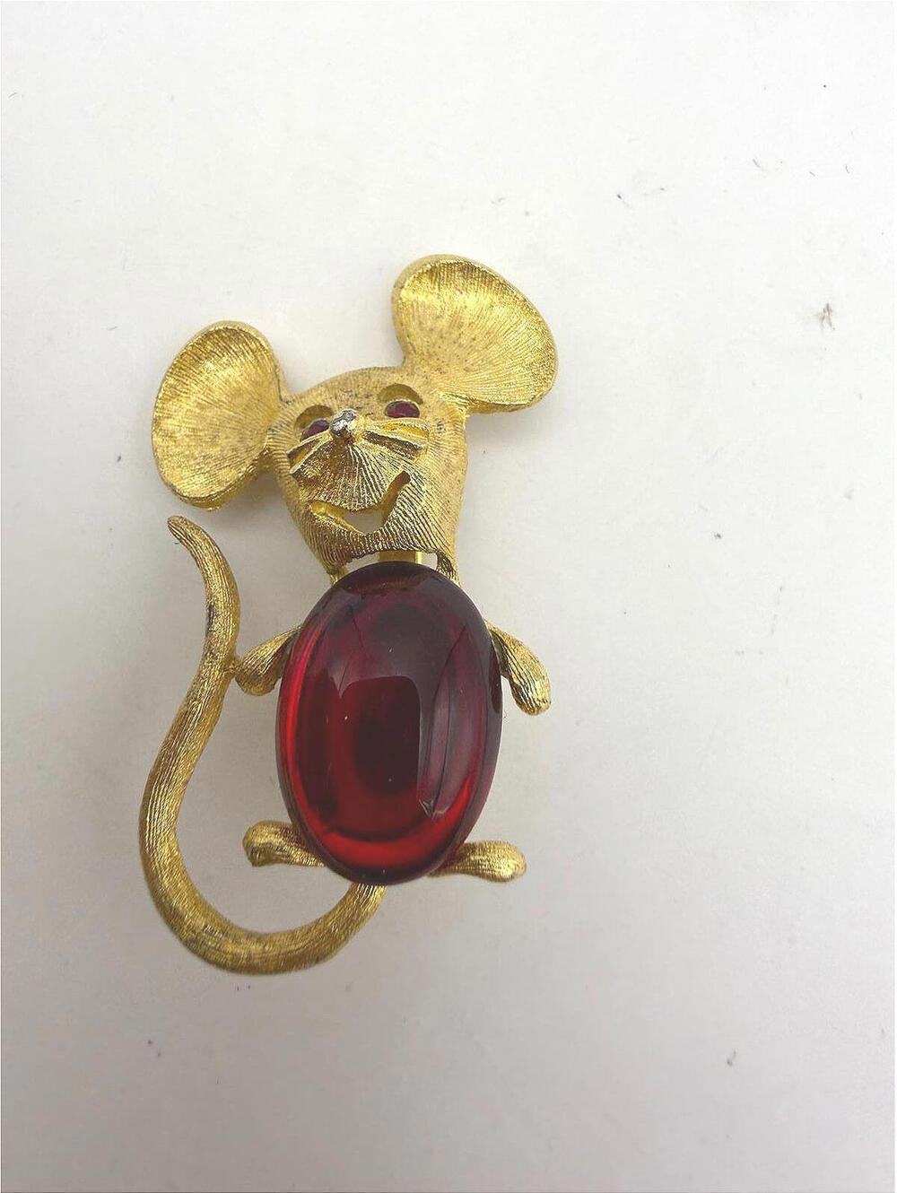 Vintage Gold Tone Mouse Brooch with Red Glass Cabochon